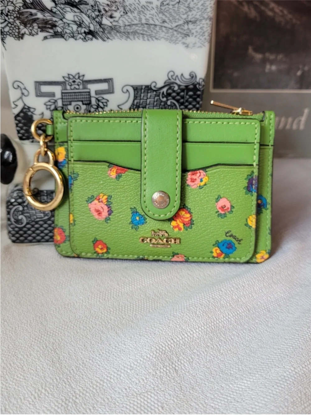 Coach Green Floral Card Holder with Gold Key Ring